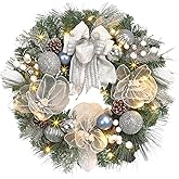Lighted Christmas Wreath for Front Door with 20 LED Lights,22inch prelit Christmas Wreath with Big Flower and Ball Ornament,Winter Porch Decor,Indoor Outdoor Christmas Silver White Decorations