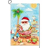 Sunwer Summer Christmas Garden Flag Santa Tropical Beach Hawaiian Pink Themed Party Decoration Outdoor Lawn Yard Patio Decor Supply- 12.5×18''