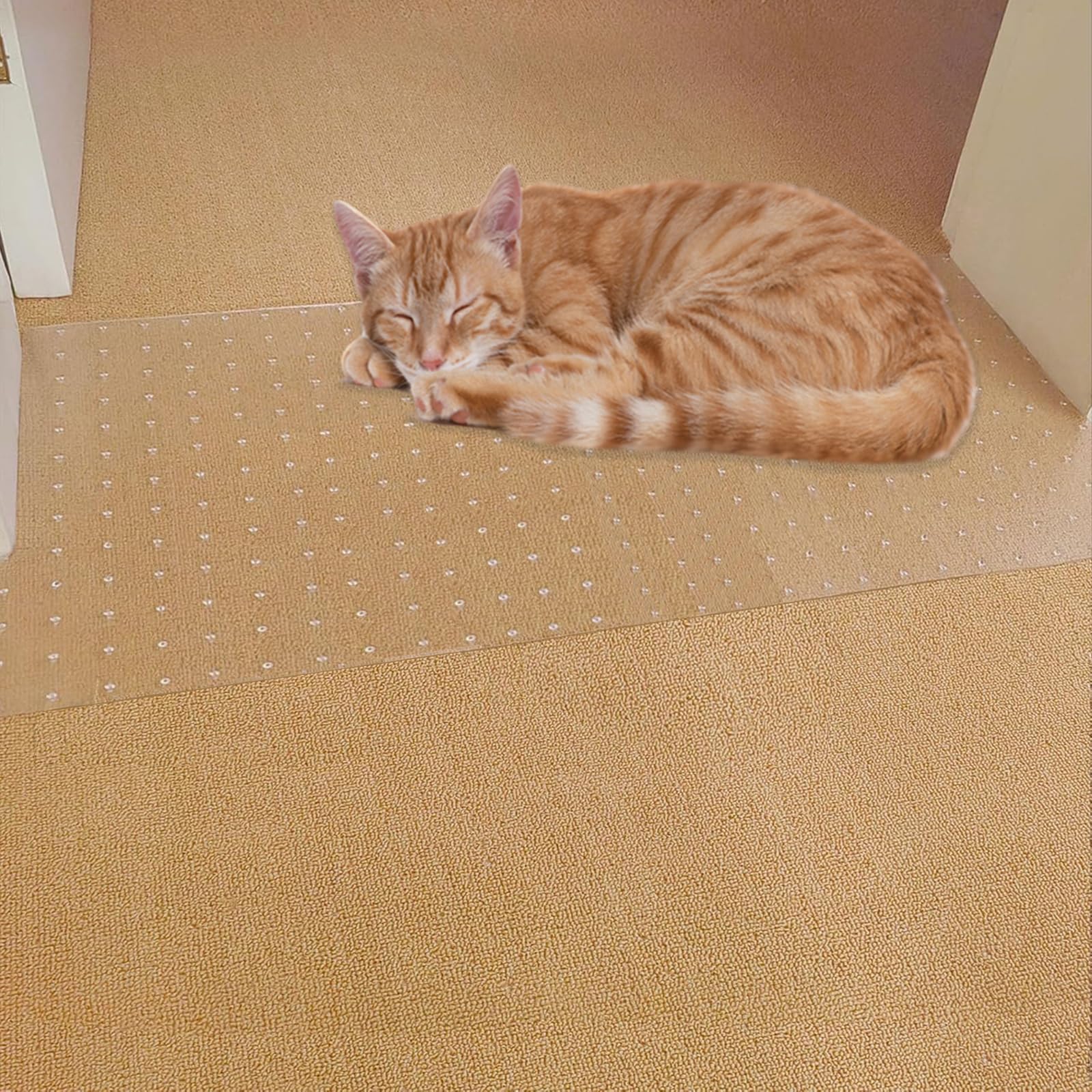 Photo 1 of QWR 8.2Ft Carpet Protector for Pets,Clear Plastic Cat Carpet Protector for Doorway,Easy to Cut Carpet Scratch Stopper,Anti Scratch Under Door Cat Scratch Protector Mat,Cat/Dog Scratch Guard Carpet.