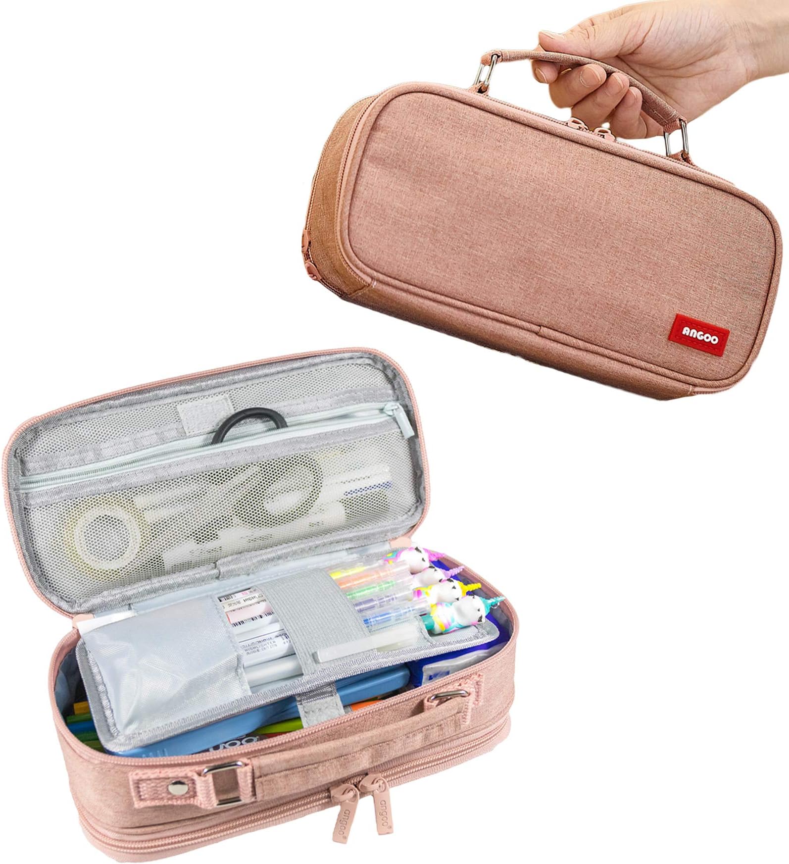 Pencil Case Pen Bag Holder Pouch Large Handle Big Capacity Desk Organizer Storage Marker Box Stationery Makeup Cosmetic Double Zippers for School Office Students Teen (Pink)