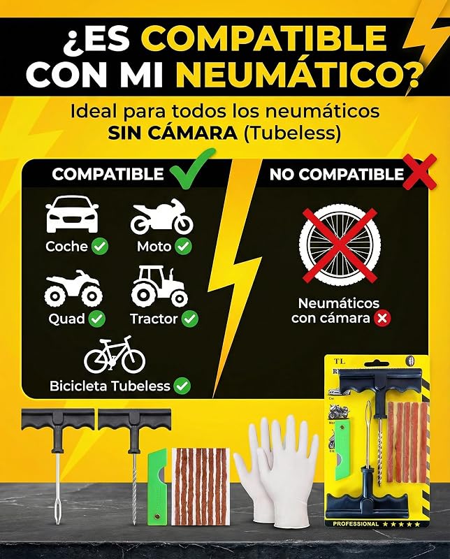 Kit Antipinchazos Coche, 15 Mechas, 2 Herramientas en T, Guantes y Cúter