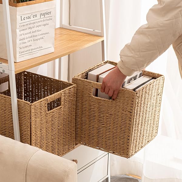 FOLDABLE STORAGE BASKETS WITH HANDLES PAPER ROPE STORAGE BASKETS RECTANGLE COLLAPSIBLE HAND WOVEN STORAGE CUBES BINS FOR ORGANIZING SHELVES LIVING ROOM BEDROOM PANTRY (4, 13” X 13” X 13”)