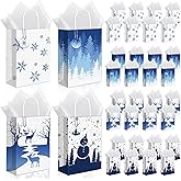 MIMIND 36 Pieces Christmas Snowflake Gift Bags White Winter Party Paper Bags with 40 Tissue, 36 Gift Tags and String Xmas Treat Bag with Handle for Christmas Winter Holiday Gift, 4 Design