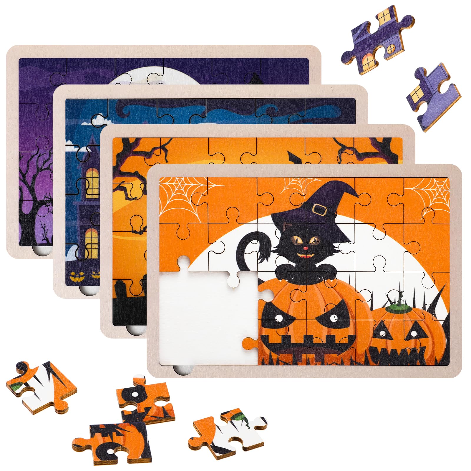 Photo 1 of WinnerWhy 4 Pack 96 Pcs Halloween Puzzles for Kids Pumpkin Ghost Witch Castle Wooden Jigsaw Puzzles Halloween Party Favors Gifts for Boys and Girls Holiday Toys