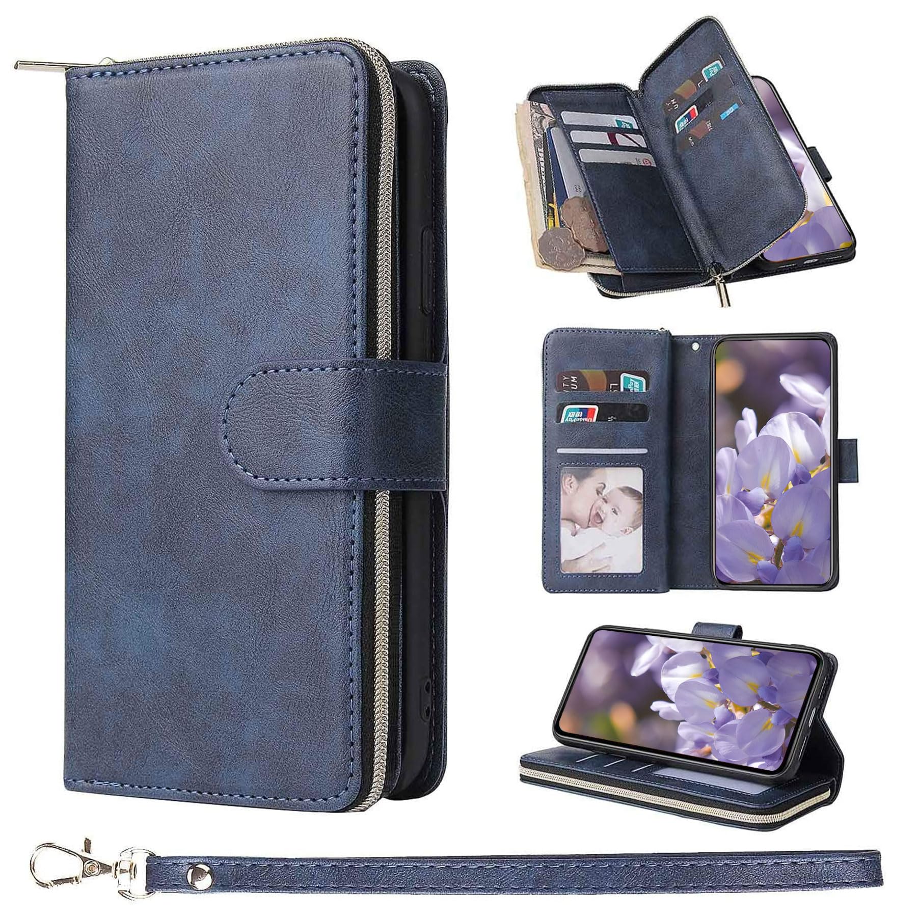 ZCDAYE Wallet Case for iPhone 11,Premium[Magnetic Closure][Zipper Pocket] Folio PU Leather Flip Case Cover with 9 Card Slots Kickstand for iPhone 11 6.1"-Dark Blue