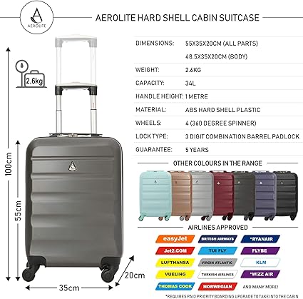 Aerolite Abs Bagage Cabine A Main Valise Rigide Leger 4 Roulettes