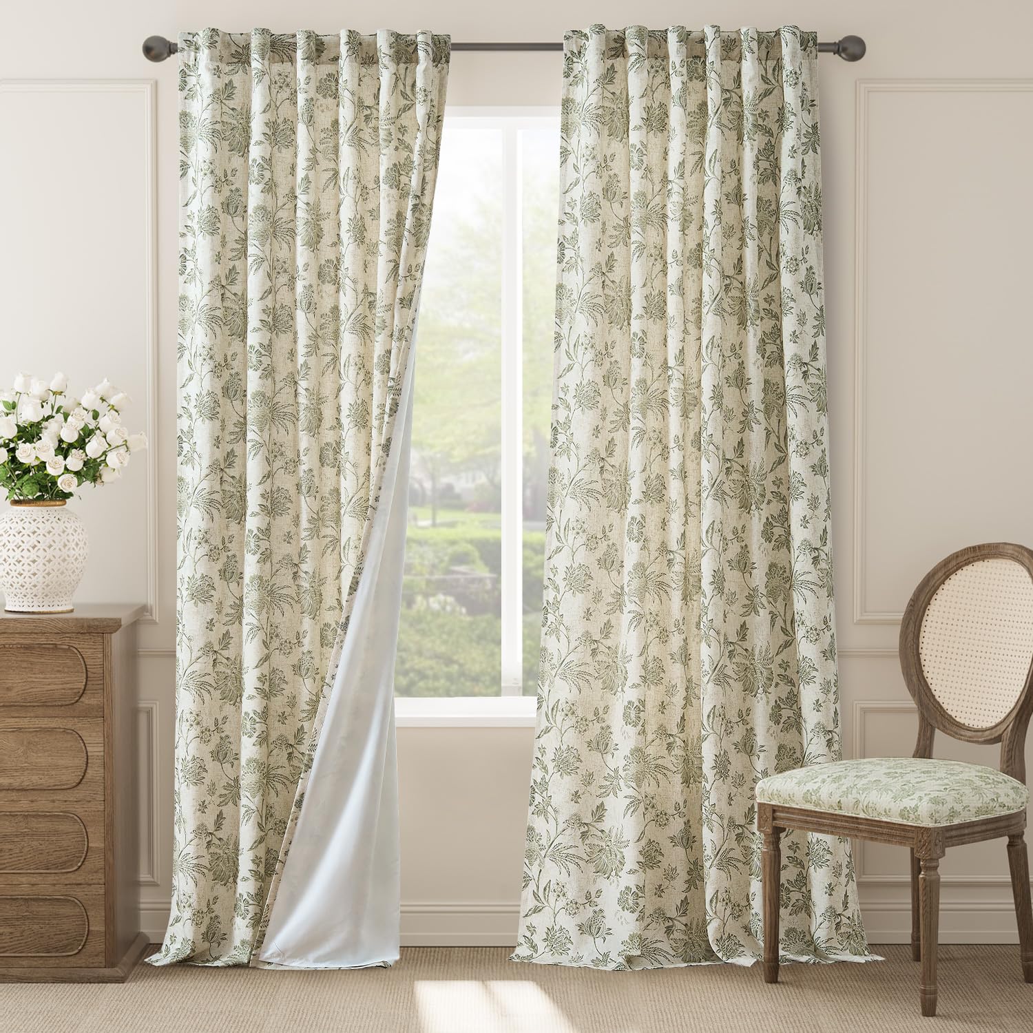 Photo 1 of jinchan Lined Linen Floral Curtains for Living Room, 96 Inch Length Printed Flower Farmhouse Patterned French Country Back Tab Green Window Drapes Set Privacy Bedroom Curtains, 2 Panels