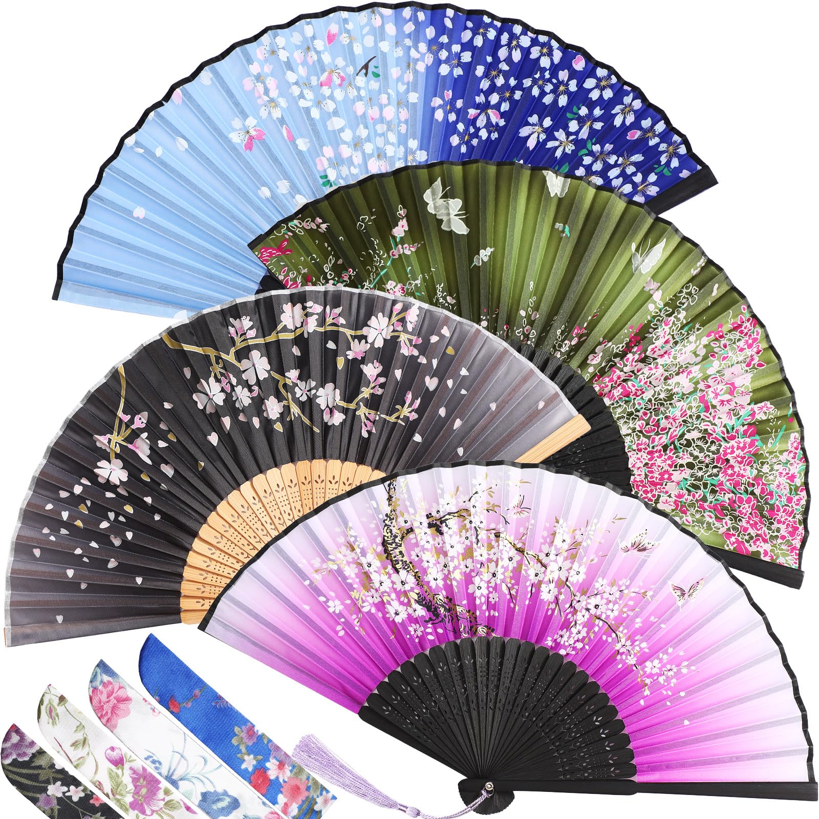 Photo 1 of Zonon 4 Pack Handheld Floral Folding Fans Hand Held Silk Bamboo Fans with Tassel Women Hollowed Hand Foldable Fan with Fabric Sleeve for Dancing Wedding Decoration Gifts(Elegant)