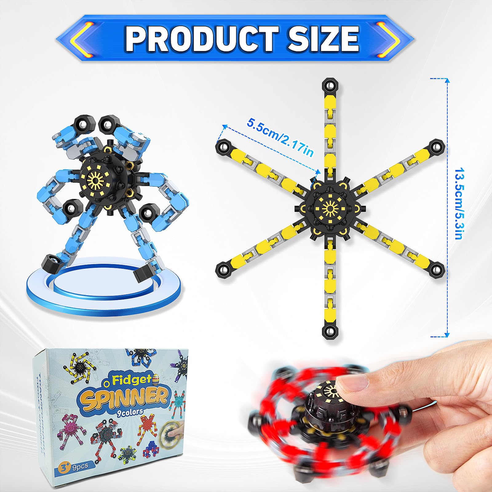 Transformable Fidget Spinners,9PCS Funny Sensory Fidget Toys Adults Deformable Chain DIY Robot Spinner,Fingertip Stress Relief Gyro Toy for Kids, Kids Classroom Prizes