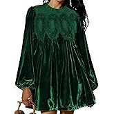 Huaqiao Womens A-Line Velvet Lace Overall Pleated Babydoll Mini Dress Casual Scallop Neck Flared Swing Dress