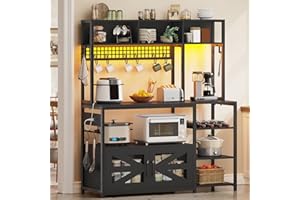 Itaar 47.2 Inch Bakers Rack with Power Outlet, Microwave Stand with Storage, Farmhouse Coffee Bar Cabinet Station with Wine Rack, Iron Mesh and 8-S Hooks (Black)