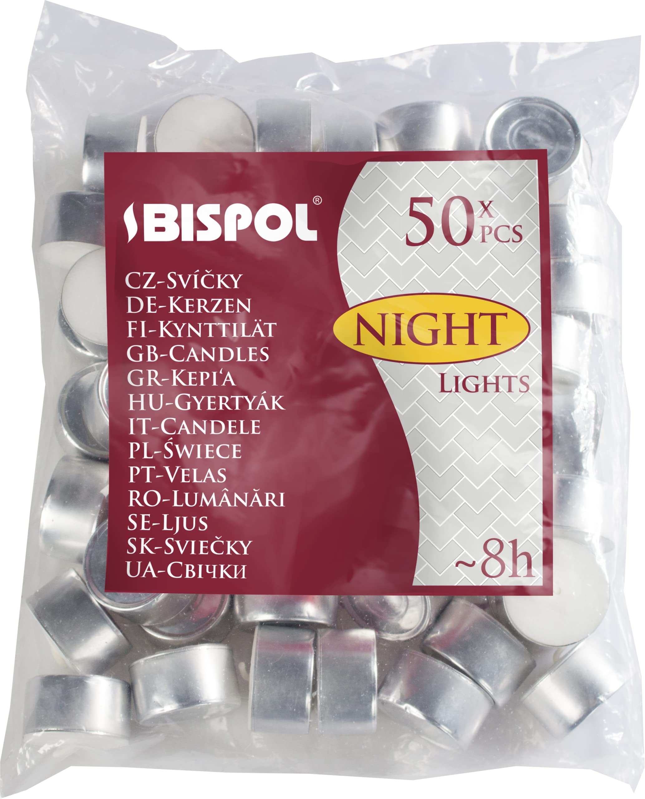 Bispol 8 Hours Tea Lights, 8 hours burning time, pack of 50, best value