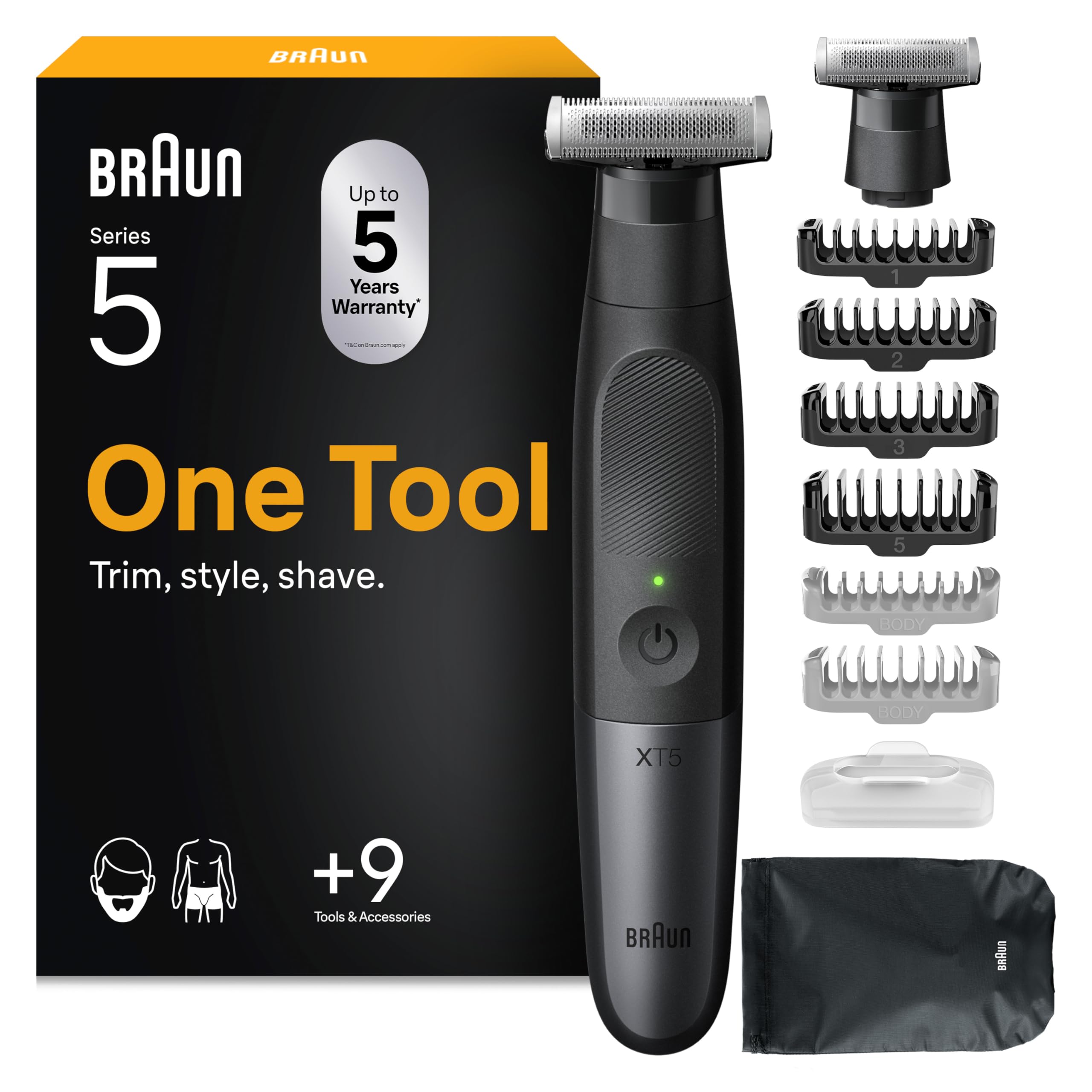 Braun Trimmer Series XT5, Kabelloser Rasierer Herren Elektrisch, XT5270, Grau - Barttrimmer und Bodygroomer, Körperrasierer mit 45 Min. Akku, Wasserdicht, Inkl. 8 Extras und Sensitiv Kammaufsatz