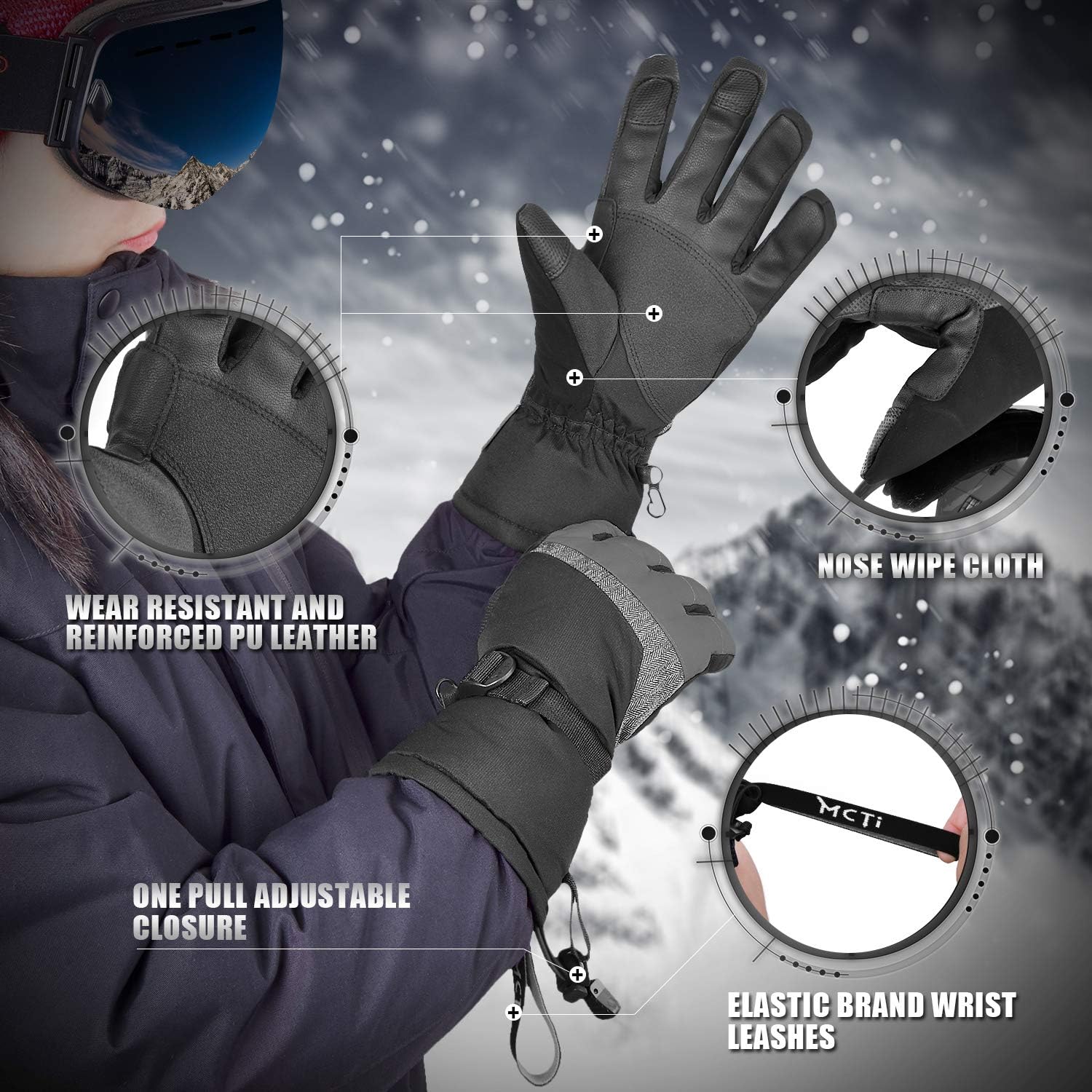 MCTi Ski Gloves, Winter Waterproof Snowboard Snow 3M Thinsulate Warm Touchscreen Cold Weather Women Gloves Wrist Leashes : Clothing