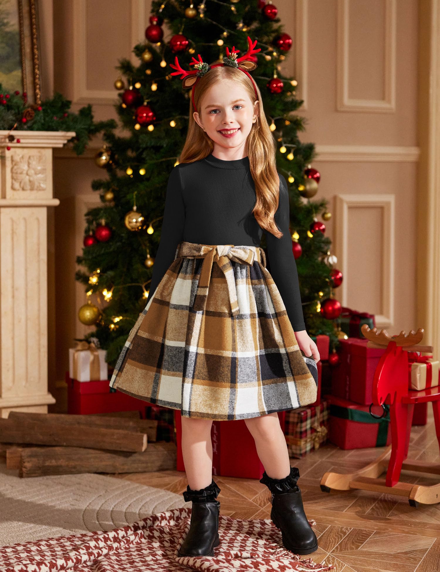 Arshiner Girls Dresses Long Sleeve Rib Knit Plaid Patchwork Belted Dress with Pockets