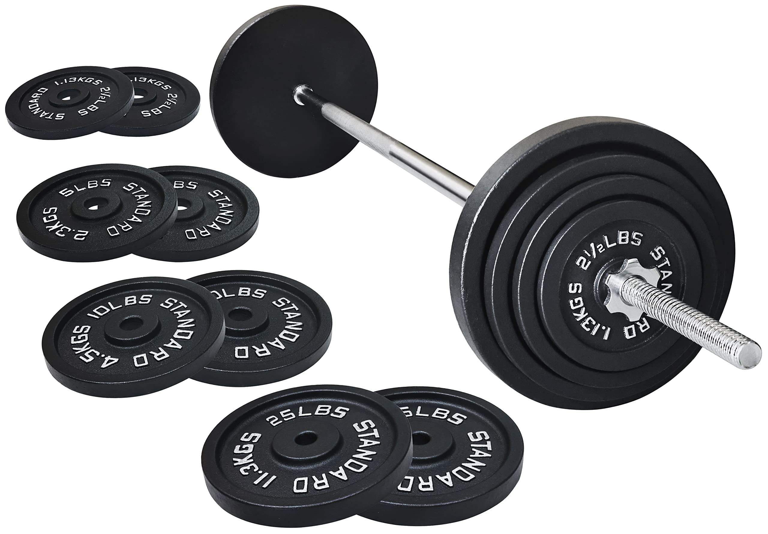 Photo 1 of **MISSING MOST PARTS, ONLY 4 SMALL PLATES** Fitvids Cast Iron 1" Standard Weight Plates Including 5FT Barbell Bar & Star Locks â€“ 95 Pounds Set (85 Lbs + 10 Style #2 Black
