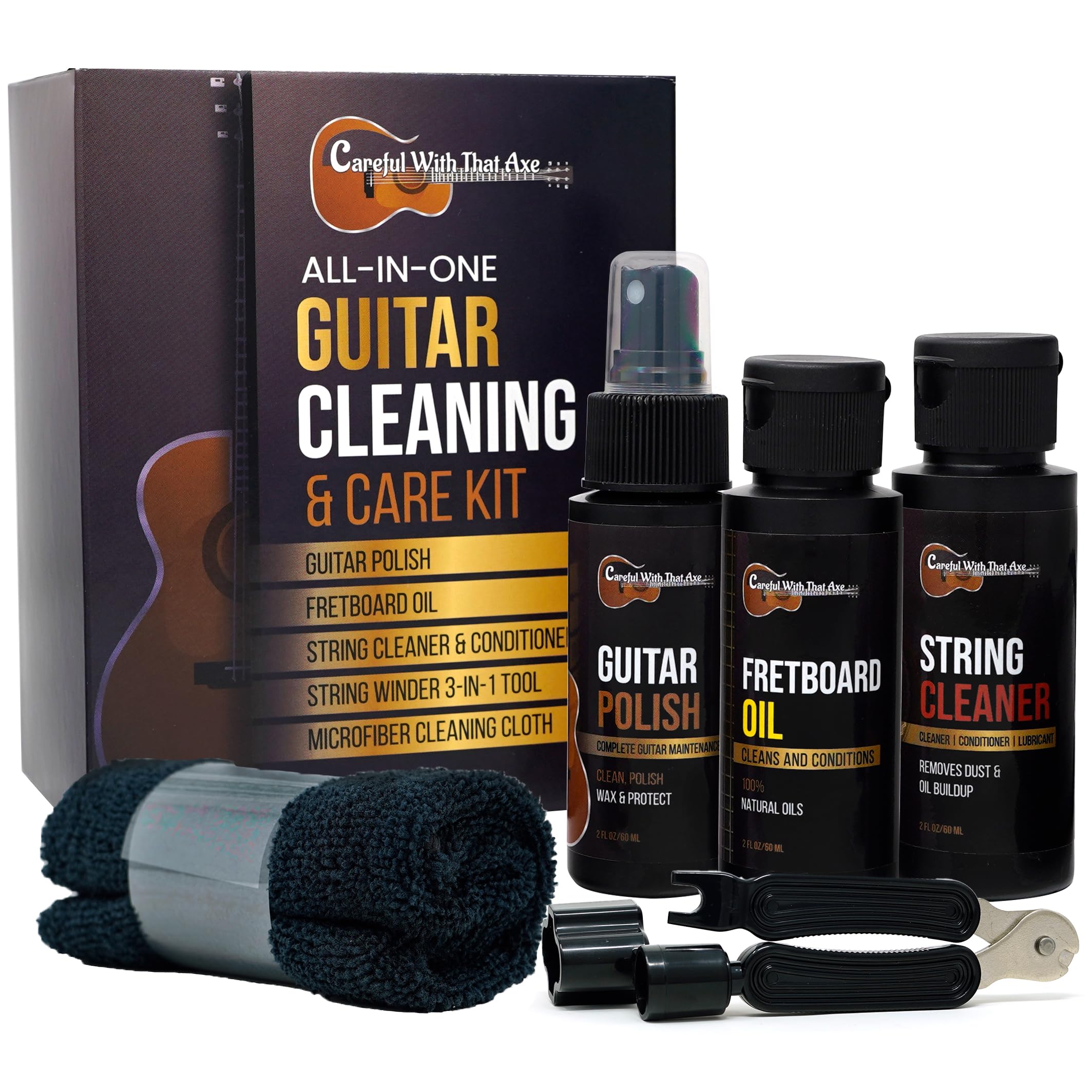Photo 1 of Guitar Cleaner Polish, String Cleaner, Winder and Fretboard Oil Care Kit | MADE IN USA | Guitar Oil and Cleaner for Body, Strings and Fretboard Fingerboard - Cleans, Polishes, and Protects