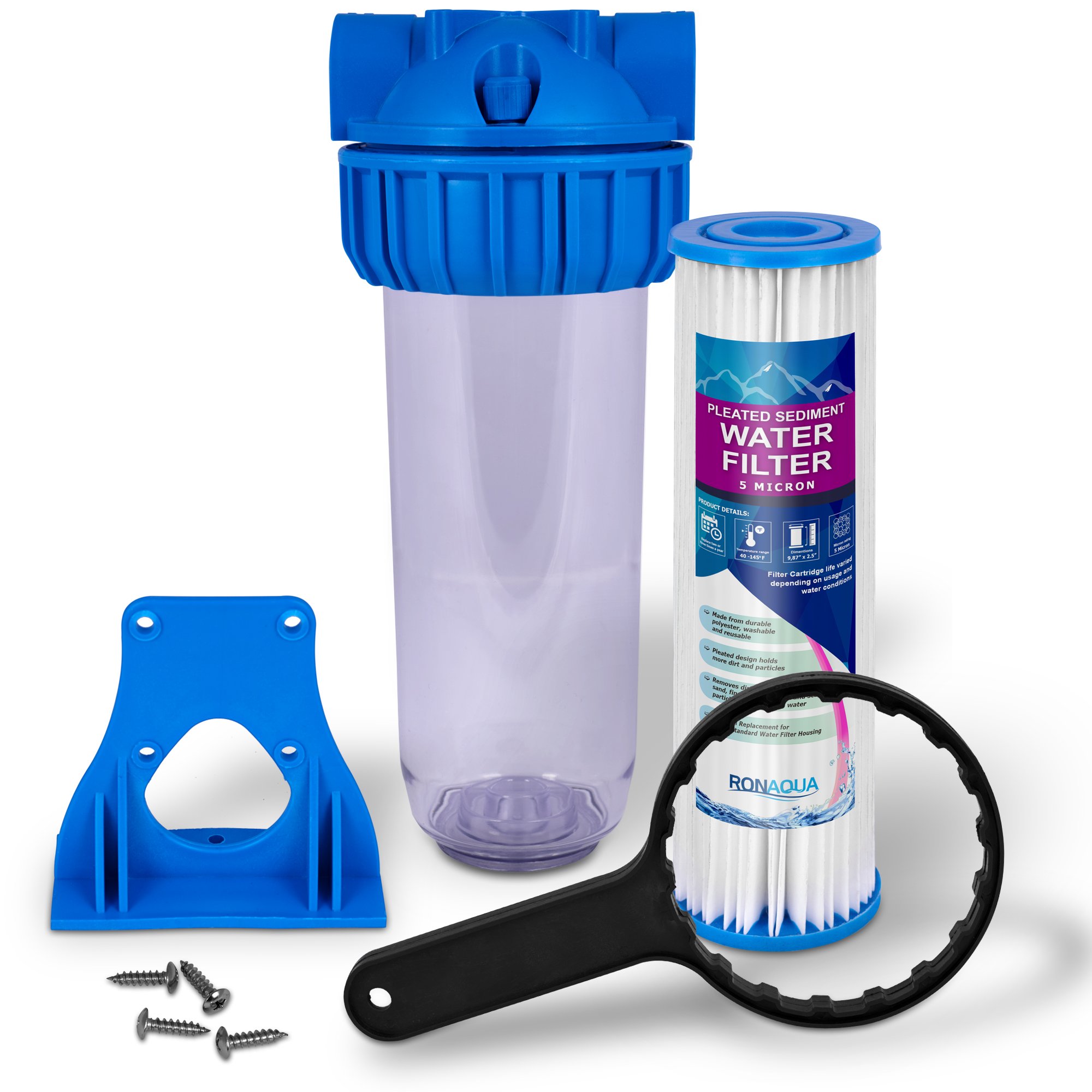 Photo 1 of 10" Clear Standard Transparent Whole House Water Filter System with Presser Relief Button, 3/4” Inlet/Outlet Brass Port & 5 Micron Pleated Sediment Water Cartridge, Meets NSF Standards & Regulations