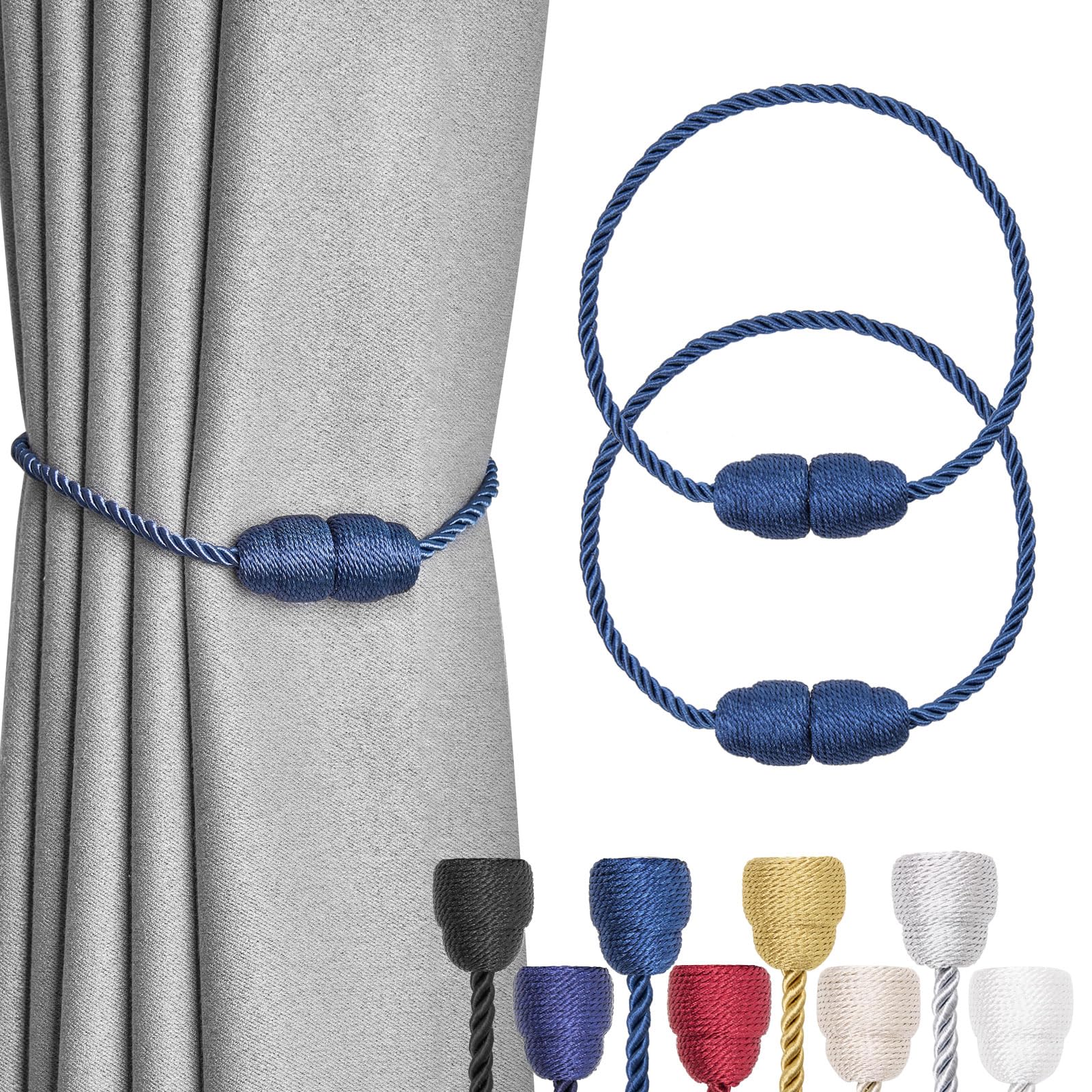 Pretty Jolly 2 Pack Strong Magnetic Curtain Tiebacks Handmade Weave Side Rope Curtain Holdbacks Unique & Elegant Decorative Curtain Drape Tie Backs for Home & Office Window Drapery (Navy)