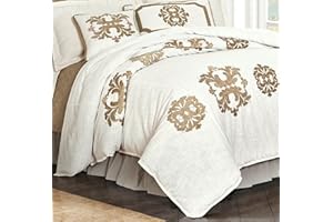 H HIEND ACCENTS HiEnd Accents Madison Super King Duvet Cover, Oatmeal Medallion Applique Bedding, Classic Casual Comforter Cover
