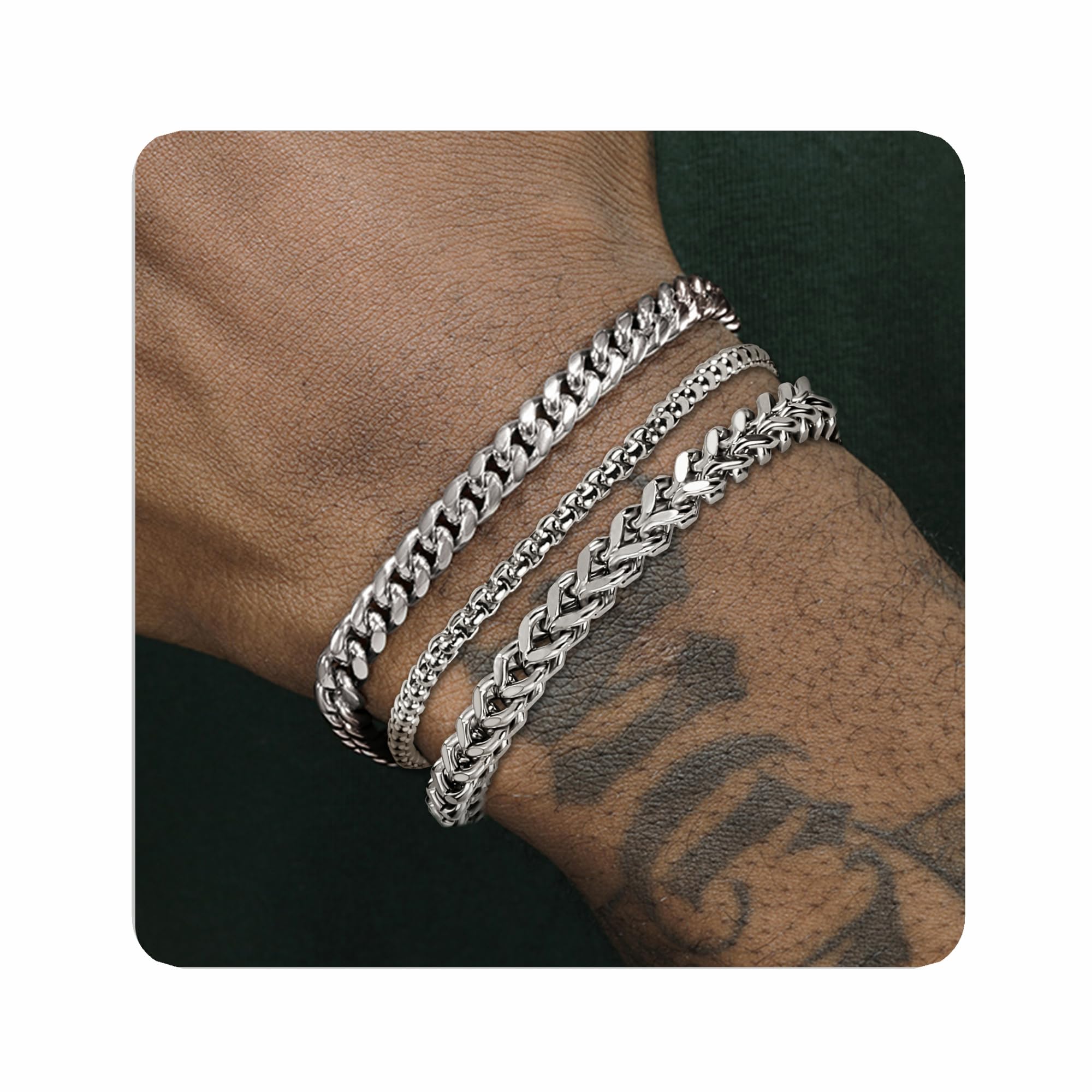 Photo 1 of DAYANEY 3 PCS Mens Bracelet Silver Bracelets for Men Set Waterproof Stainless Steel Men Jewelry, Adjustable Cuban Chain Bracelet Valentines Day Gifts for Him, Dad or Son Pulseras Para Hombre