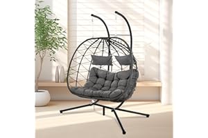 TINFOMYOU Double Egg Chair, Patio Wicker Egg Chair Outdoor, 700LBS Capacity Hanging Egg Chair, UV&Water Resistant Cushion Hammock Chair with Stand, Egg Chair Swing for Garden, Porches, Dark Grey