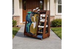 Wooden Golf Club Rack, 2-Bag Garage & Trunk Organizer for Car, Shed, Basement, Heavy-Duty Storage with 360° swivel Locking wh