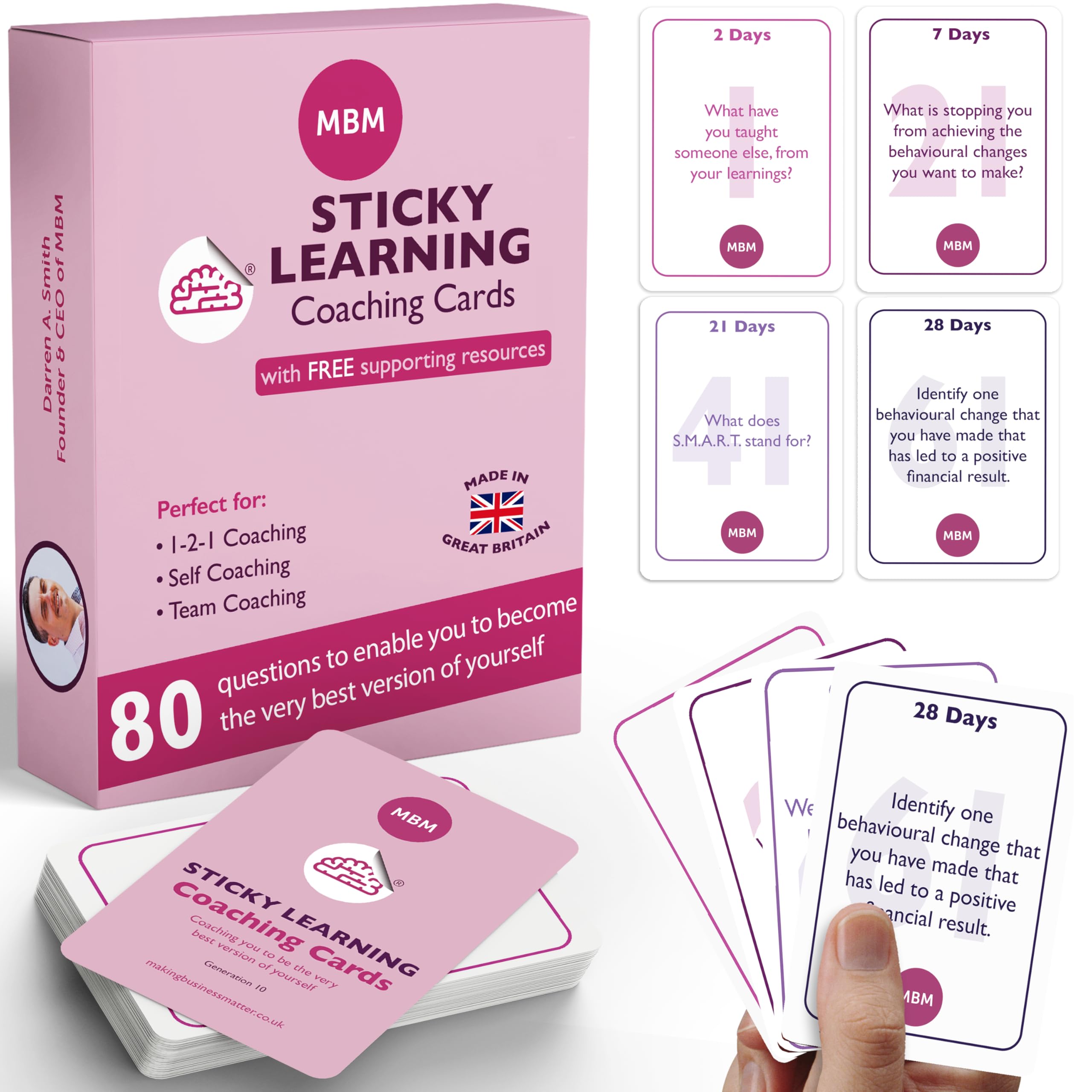 MBM 80 Sticky Learning Coaching Cards – Learning Retention, Emotional Intelligence & Knowledge Application Prompts | Flash Cards for Managers, Coaches & Team Development