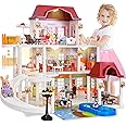 TUZT Doll House for Girls Toddler Toys with 4 Doll Toy Figure, Pool Slide, Elevator, Furniture, Pretend Play Dream Dollhouse Playset with Lights Gifts for Kids Girls Age 3 4 5 6-12 Year Old
