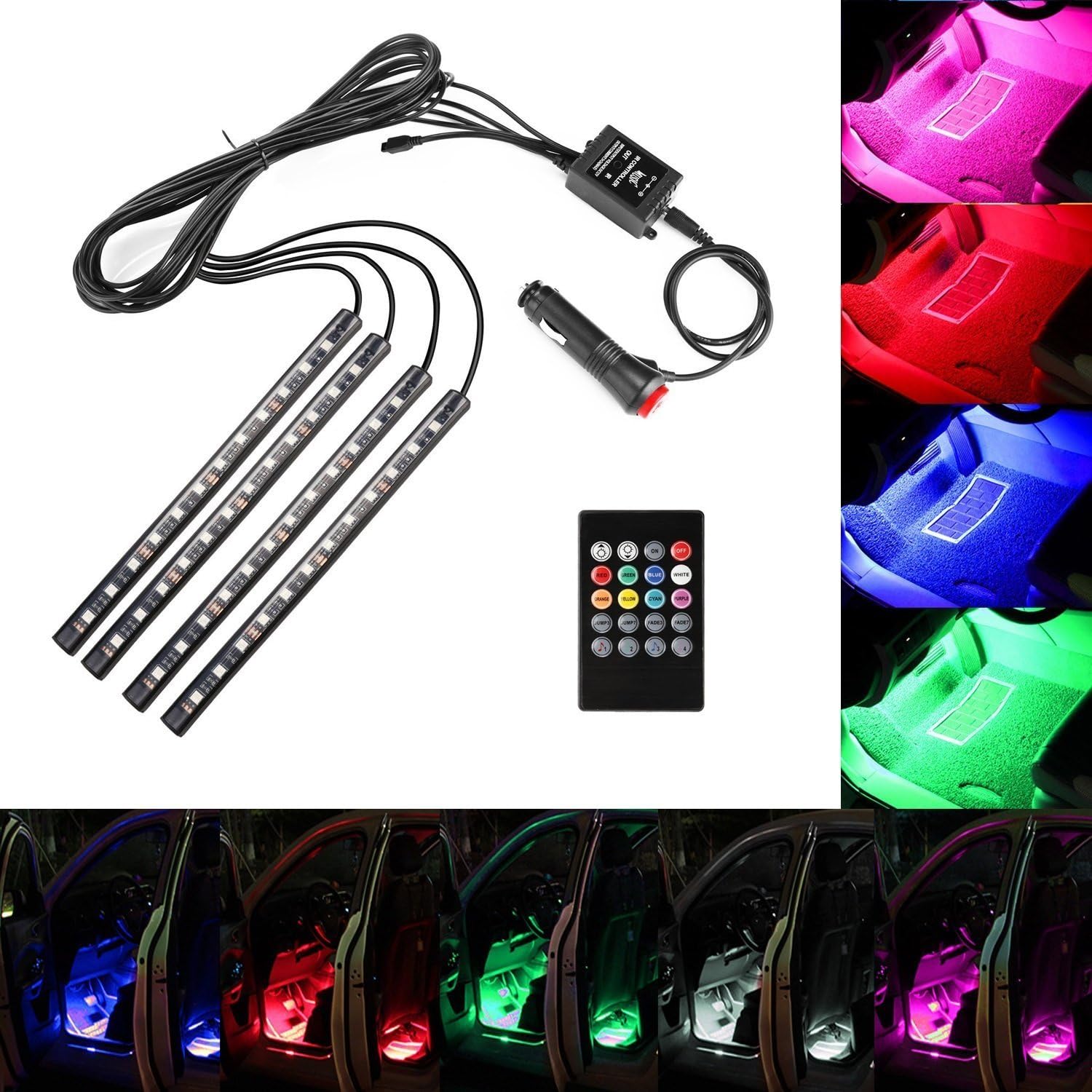 LED Car Strip Light, Sarepo RGB 5050 Multi-colour Car Interior Lights, Waterproof Glow Neon Decoration Car LED Lighting Kit with Wireless Remote Control & Car Charger [Energy Class A+]