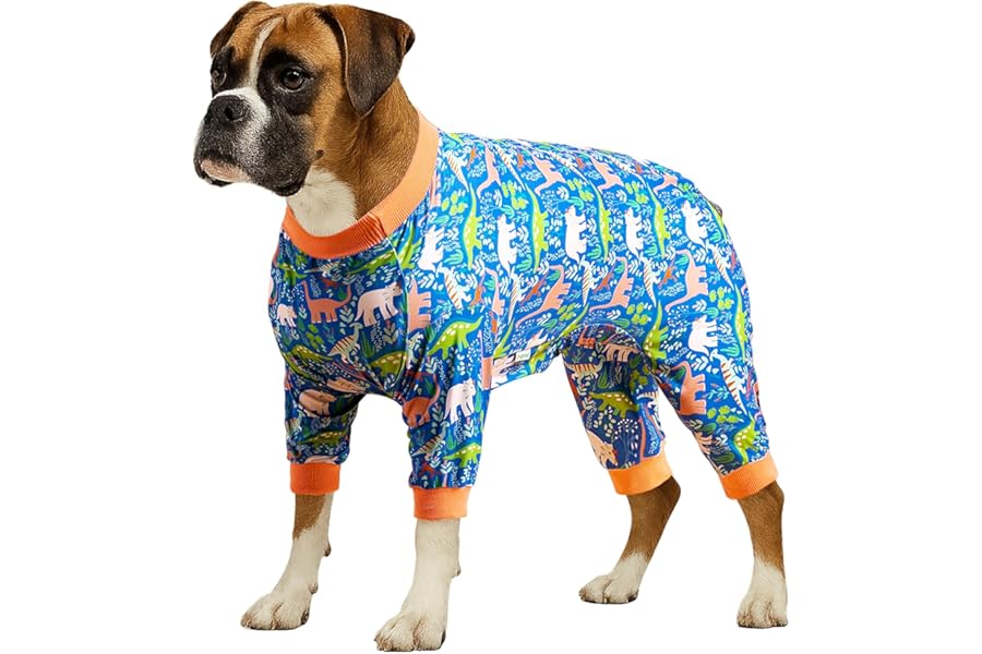 LovinPet Large Breed Dog Clothes Pajamas, Wound Care/Post Surgery Full Coverage Shirt, Dinosaur Land Blue Print, Lightweight Stretchy Knit Pullover Dog Onesie, Pet Pajamas for Dogs, Pet PJ's, XL