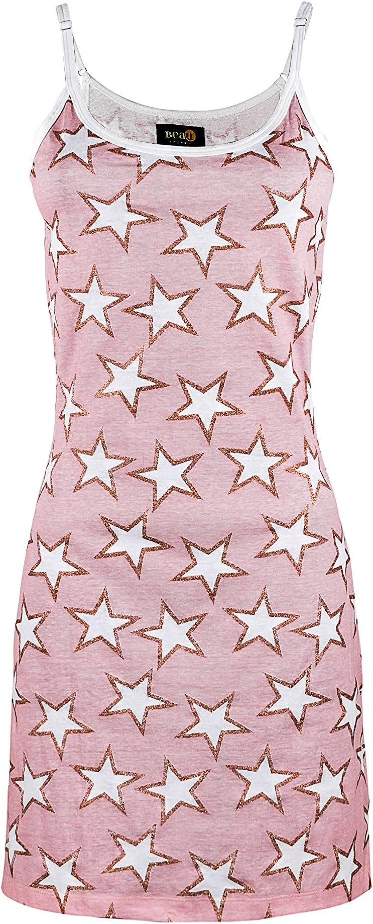 Beau,100% Organic Cotton Womens Spaghetti T-Shirt Dress,Star Golden Peach