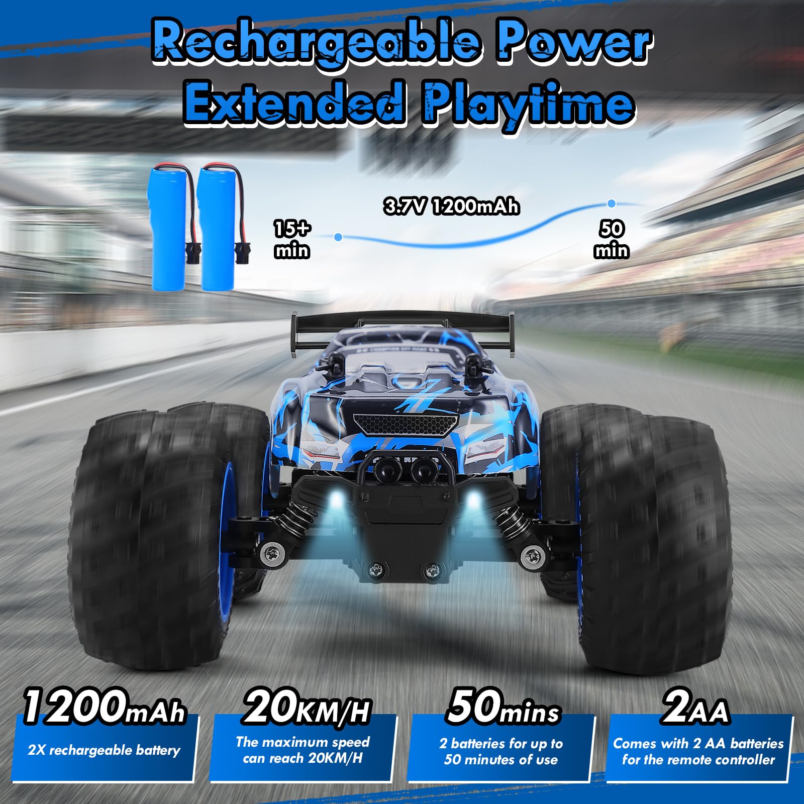 Remote Control Car, 1:18 Scale Rc Cars, All-Terrain RC Truck with LED Light, 20KM/H, Rechargeable, 2WD, 2.4GHz, Sturdy PVC Shell, Remote Control Truck for Boys 4-7 8-12, Beginner