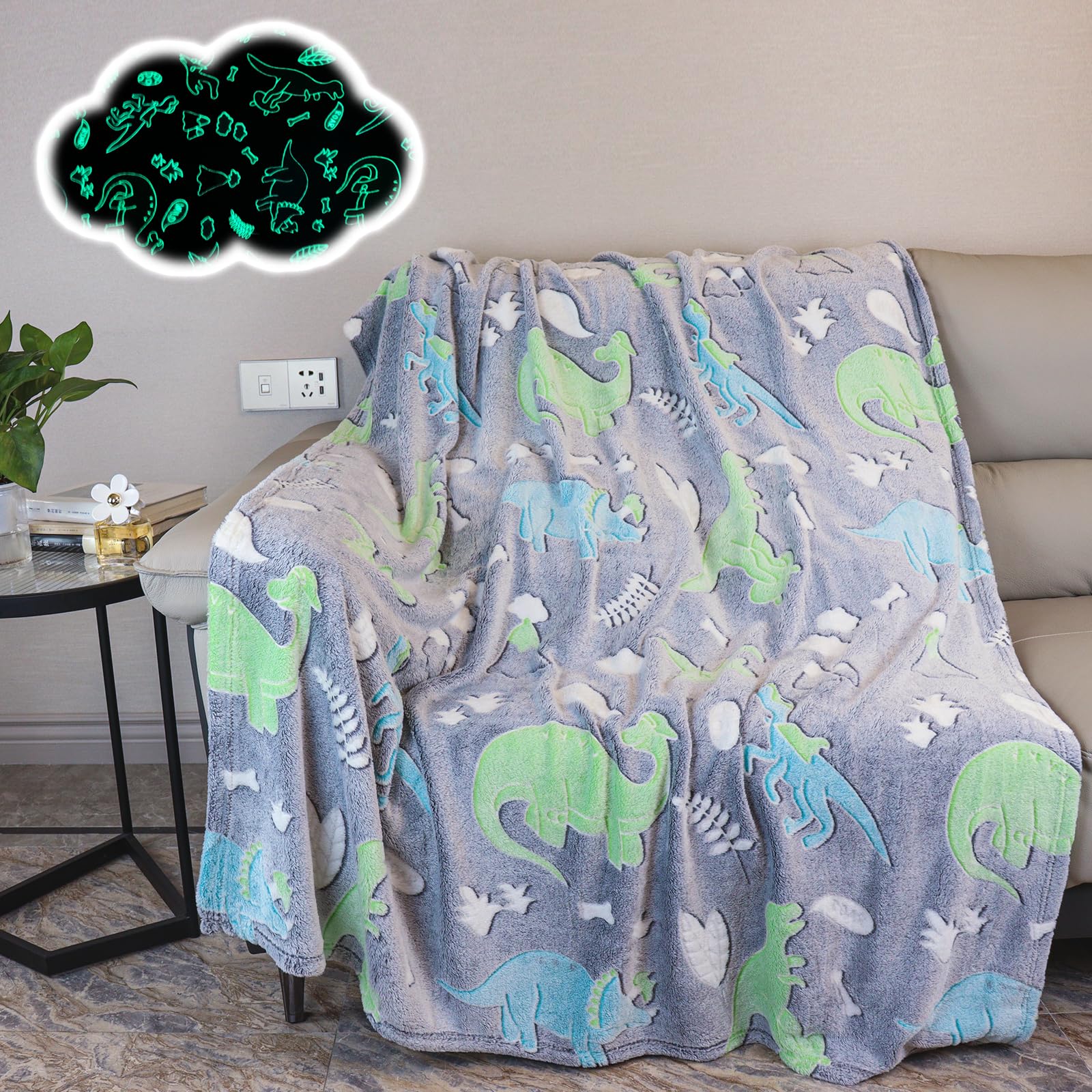AVJWWD Glow in The Dark Throw Blanket,Dinosaur Pattern Soft Flannel Fleece Blanket,All Season Couch Sofa Nap Blanket for Kids Girls Boys Adults Gifts (Dinosaur B, 150 x 200 cm)