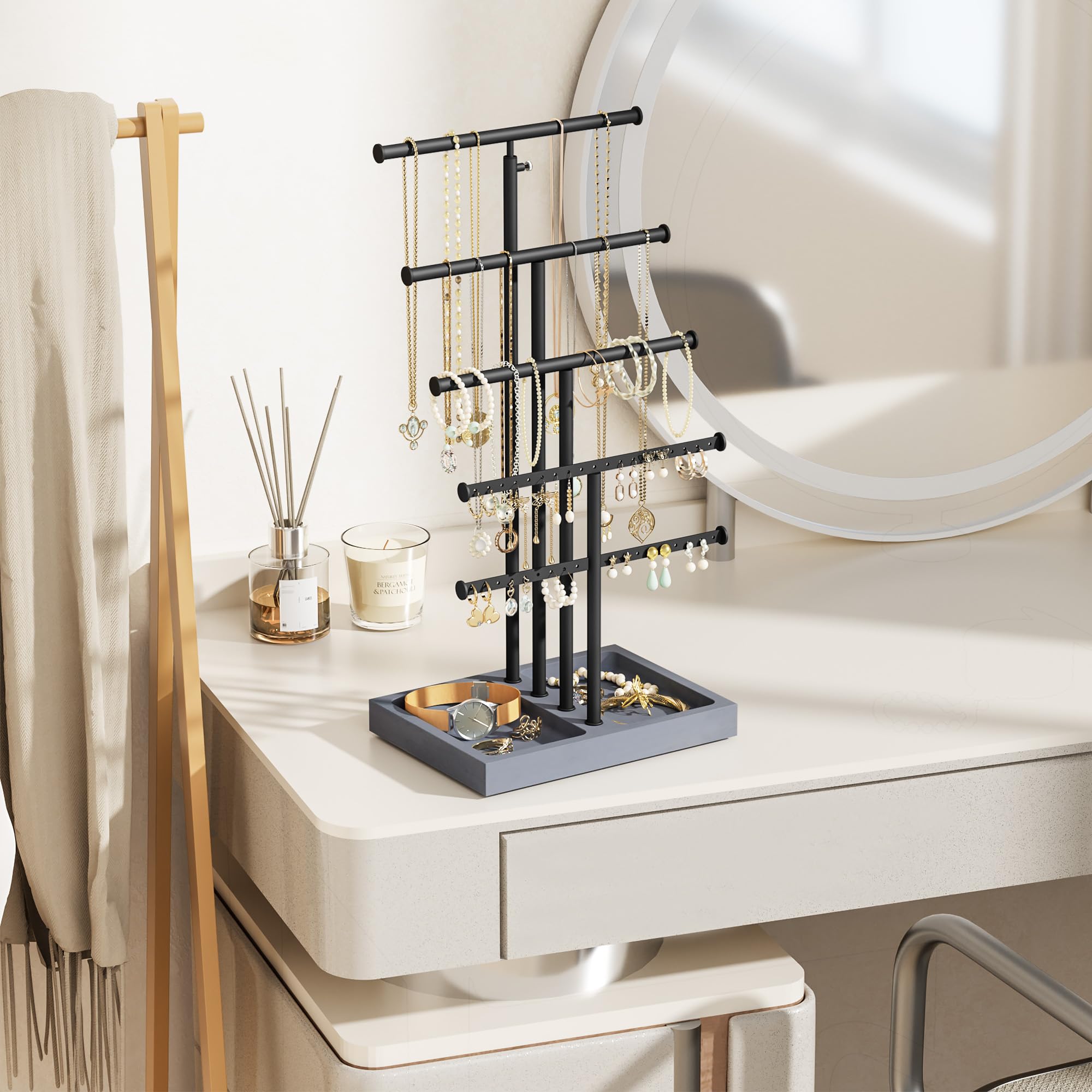 Love-KANKEI Love-KANKEI Jewelry Organizer Stand,5 Tier Large Necklace Holder with Wood Base,Jewelry holder stand Tree for Display,Bracelets Earrings Rings,Height Adjustable Gift Weathered Grey