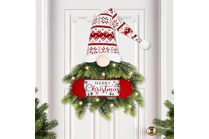 Ouddy Decor Gnomes Christmas Wreaths for Front Door Decorations, Lighted Christmas Sign Wreath with String Lights & Pine Needle Hanging Ornament for Window Wall Mantel Porch Christmas Home Decor, Red