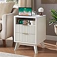T4TREAM Fluted Nightstand with Charging Station, 18" Modern Side Table with Faux Marble Top, 2 Drawers End Table w/Storage, Bedside Table for Bedroom, Living Room, Curved Profile Design, Solid White