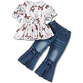 SODLON Baby Girl Clothes Toddler Girl Outfits Kids Puff Sleeve Shirt Top Flare Denim Pants Jeans Clothing for Little Girls