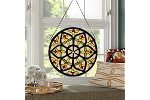 YOURANJU Stained Glass Window Hanging 12' Round Tiffany Style Suncatcher Handicraft Yellow Flowers Glass Panel Perfect Window Hanging Housewarming Gift (with Chain Hook)