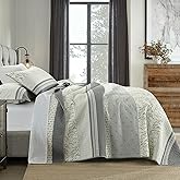 DDUOXIN 100% Cotton King Quilt - Modern Stripe King Size Quilt with 2 Pillow Shams, Bedspread Reversible Lightweight Comforter Bedding Set for All Seasons, Gray Quill/Harbor Mist/Star White