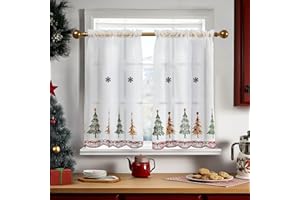 Deconovo Christmas Kitchen Tier Curtains, Embroidered Cafe Tiers, Semi Sheer Window Treatment with Rod Pocket, Light Filtering for Small Windows, Door & Sink Areas, 28W x 30L, Tree, 2 Panels
