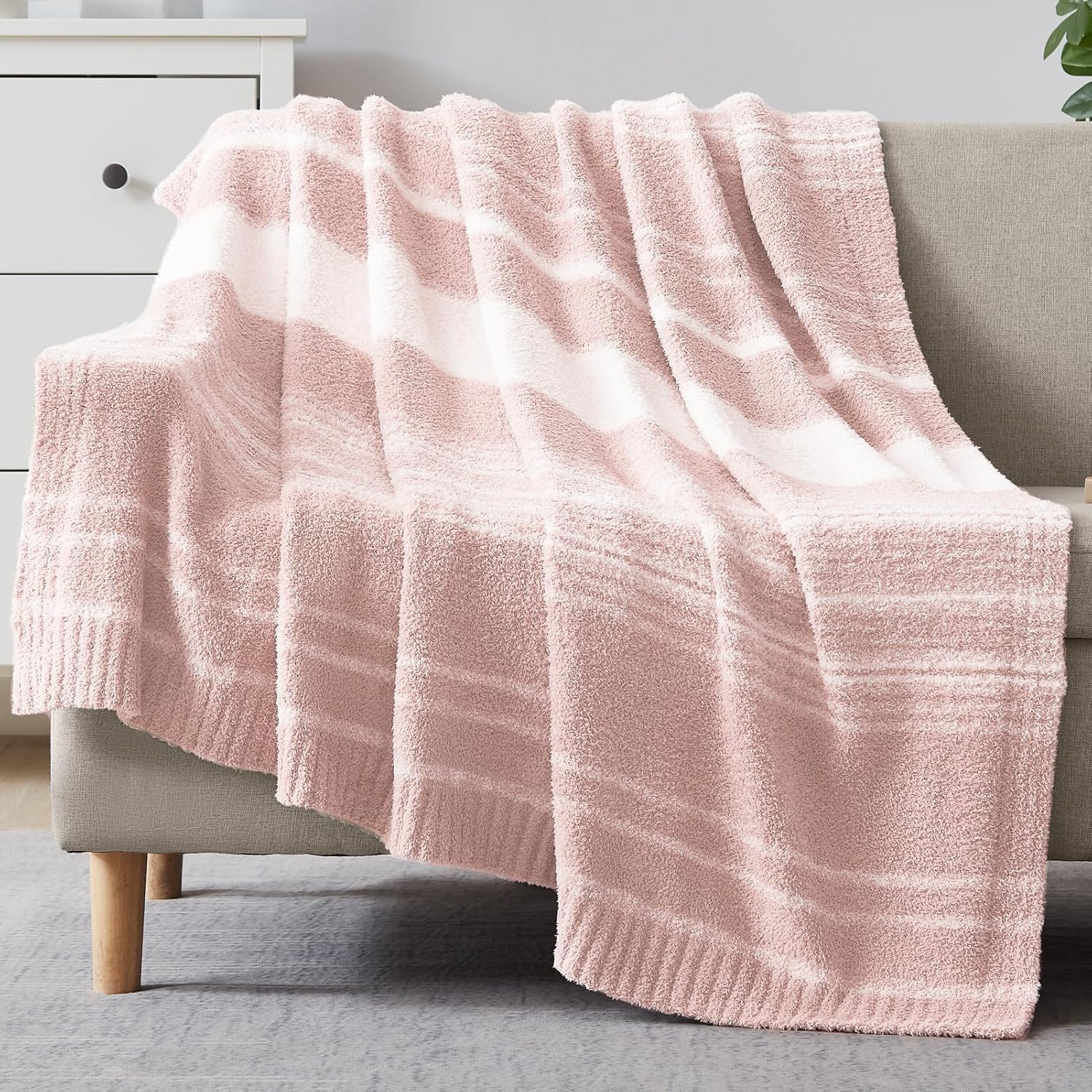 WRENGONGE Pink Twin Blanket, 60x80 Soft Cozy Microfiber Striped Twin Blankets for Couch, Sofa, Bed, Travel, Lightweight Fluffy Warm Plush Decorative Blankets for Women, Men,Kids Gift Image