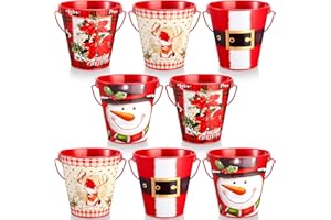 Sawysine 8 Pcs Christmas Metal Bucket Christmas Tin Pot Snowman Candy Bucket Xmas Galvanized Tin Christmas Metal Pail Flower Bucket for Home Garden Christmas Party Decoration (Bright Style)