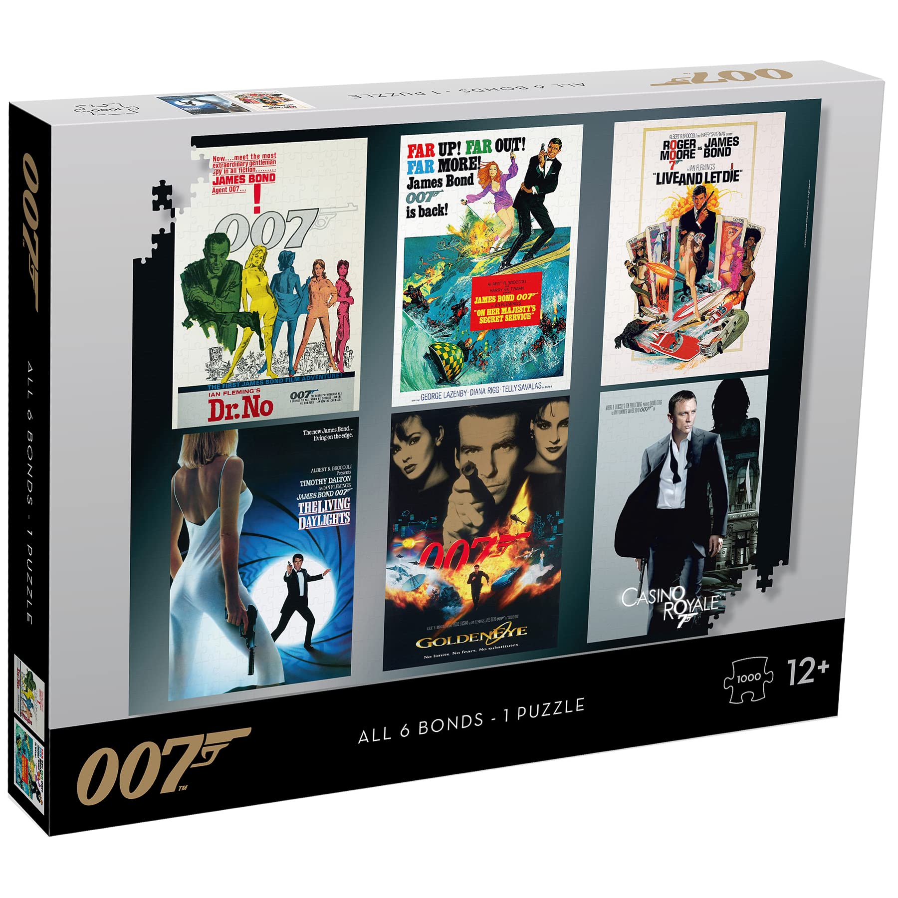 Winning Moves James Bond Puzzle Actor Debut 1000 Piece Jigsaw Puzzle Game, Featuring 6 classic James Bond Movie posters, Piece together Golden Eye, Casino Royale