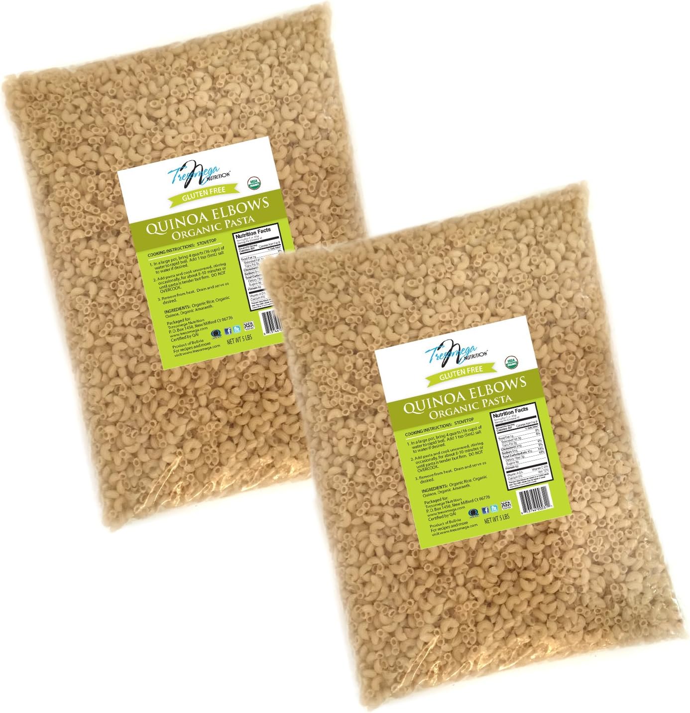Tresomega Nutrition Organic Quinoa Pasta, Elbow, 5 Pound (Pack of 2)