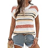 Ivicoer Crochet Sweaters Hollow Out Tops Round Neck Cute Cap Sleeve Summer Tops for Women 2025 Fall Top Teacher Outfits Orange Stripe S