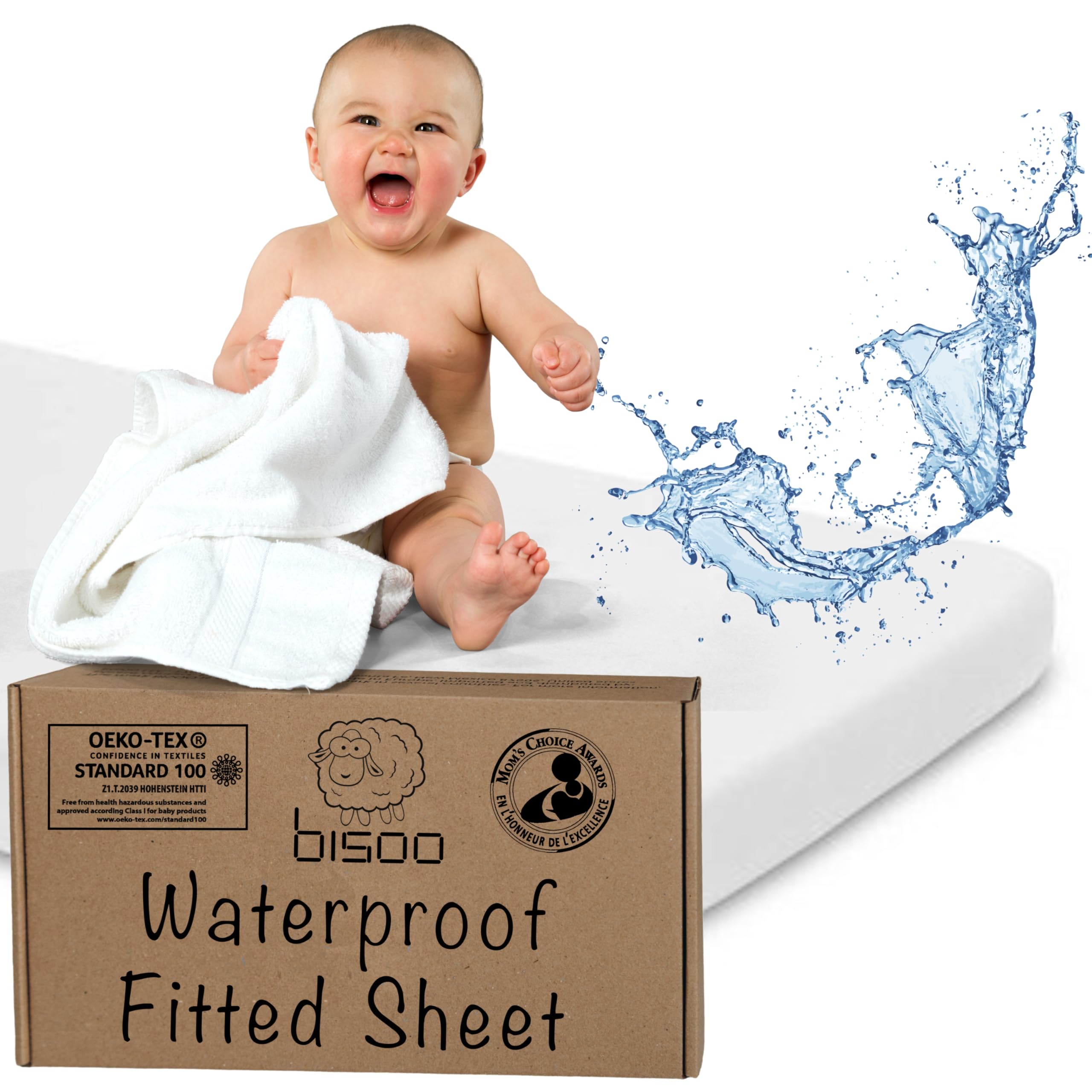 Bisoo Toddler Bed Waterproof Fitted Sheet 130 x 80 / 32x52-2in1 Fitted Sheet Mattress tector Made of 100% Jersey Oeko-Tex + PU for Junior Cot Bed - Soft & Silent - White