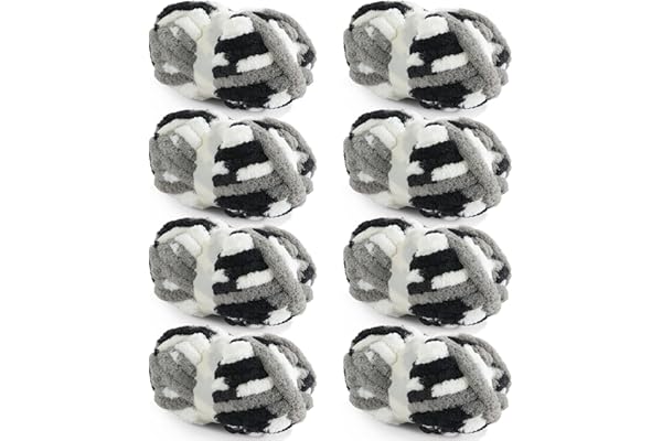 HOMBYS 8 Pack Giant Chunky Yarn for Crocheting/Hand Knitting, Super Bulky Large Soft Fluffy Tie Dye Plush Fuzzy Mixed Color Thick Chenille Yarn (Black, White, Grey)