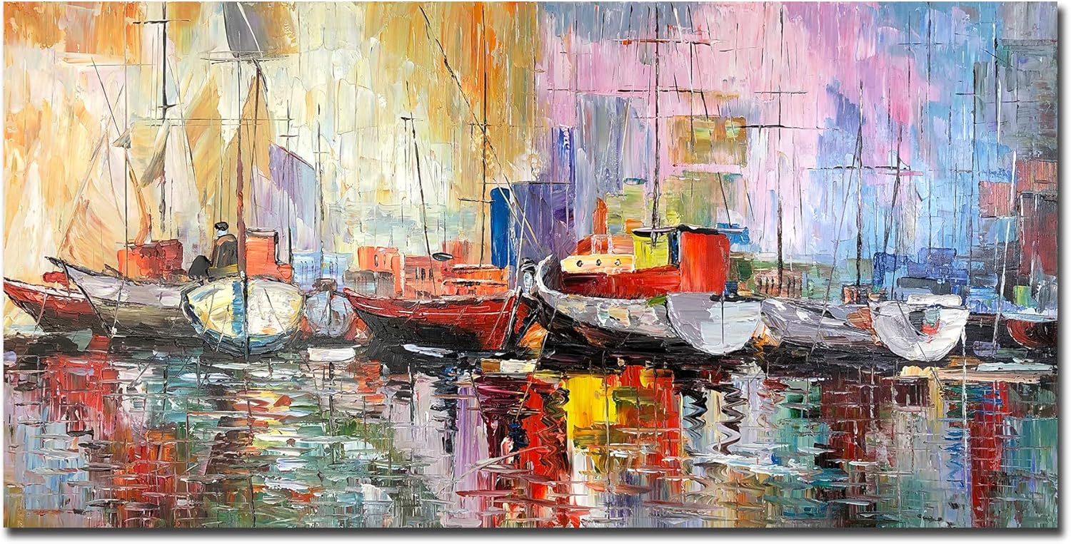 Paintings - Bouvy Art,24x48Inch 100% Hand Painted Colorful Sailboat Oil Painting Abstract Modern Canvas Artwork Romance Seascape Wall Art Stretched and Framed Ready to Hang Home Wall Decoration