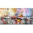Bouvy Art,24x48Inch Colorful Hand Painted Sailboat Oil Painting Abstract Modern Canvas Artwork Romance Seascape Wall Art Stretched and Framed Ready to Hang Home Wall Decoration